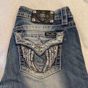 Miss Me Blue Bootcut Jeans with Embellished and angel winged Back Pockets
